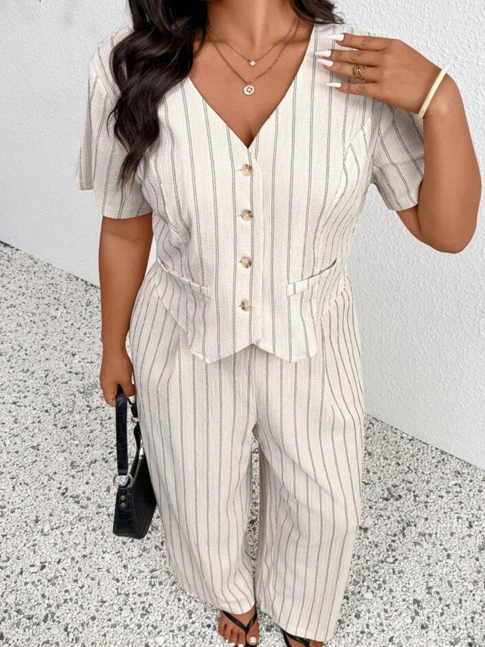 SHEIN Cream Pinstripe Button-Front Jumpsuit